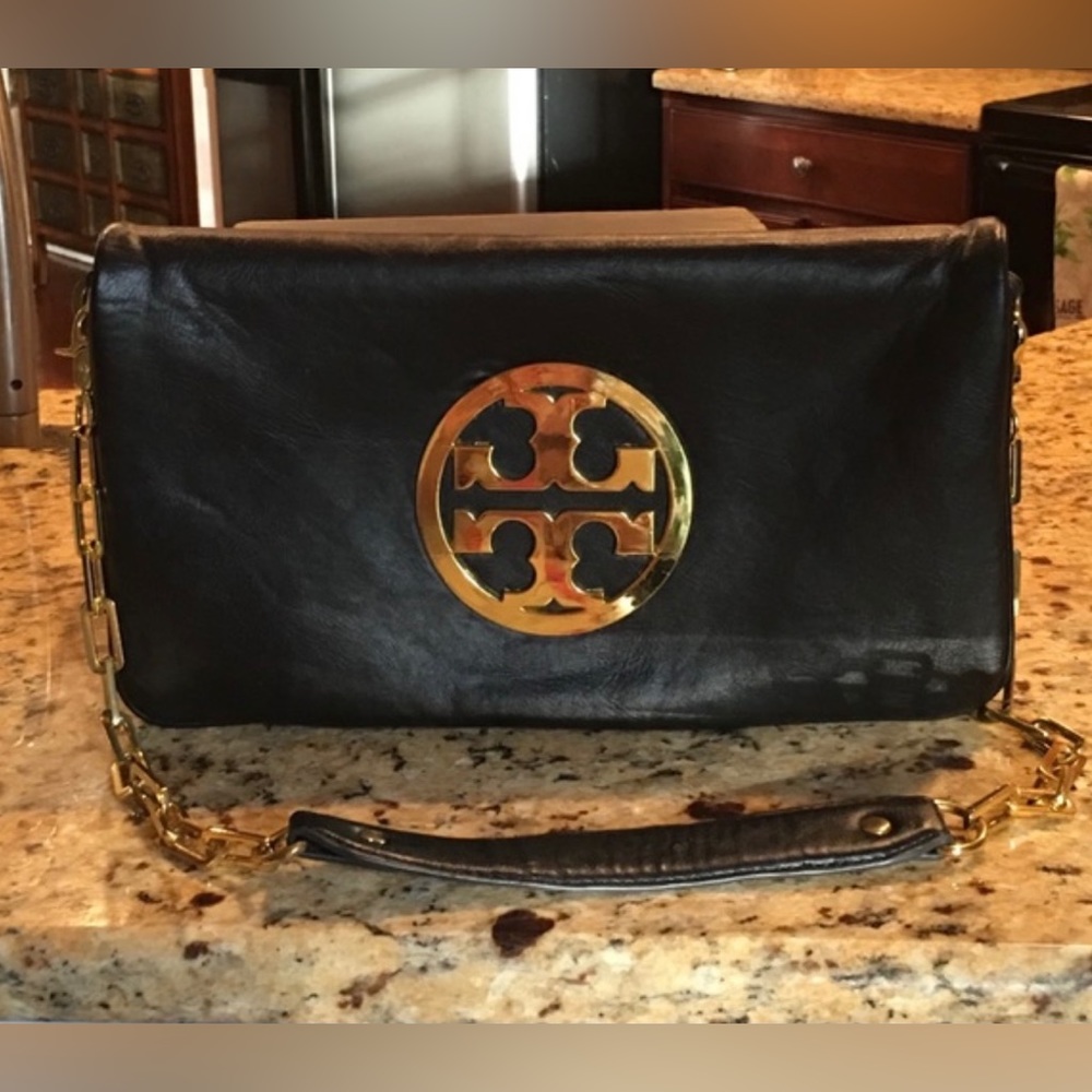 TB inspired Black Leather Purse Clutch Bag